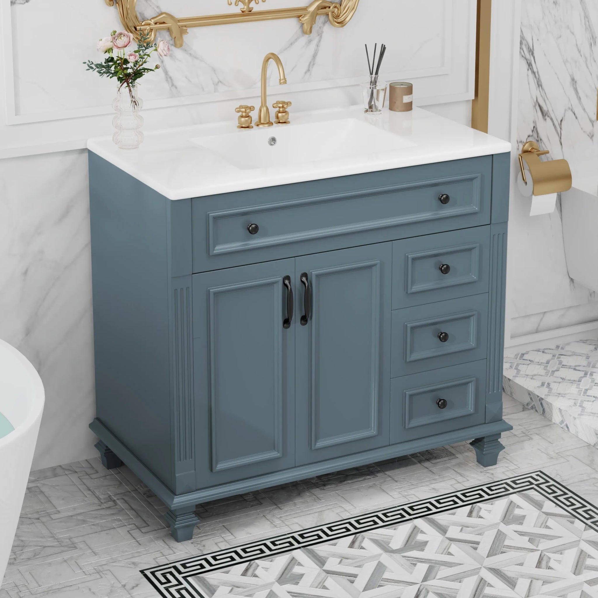 Bellemave® 36" Bathroom Vanity with Sink, Flip - Out Drawer, 3 Drawers, 2 Soft - Close Doors,Elegant Gold Hardware - Bellemave