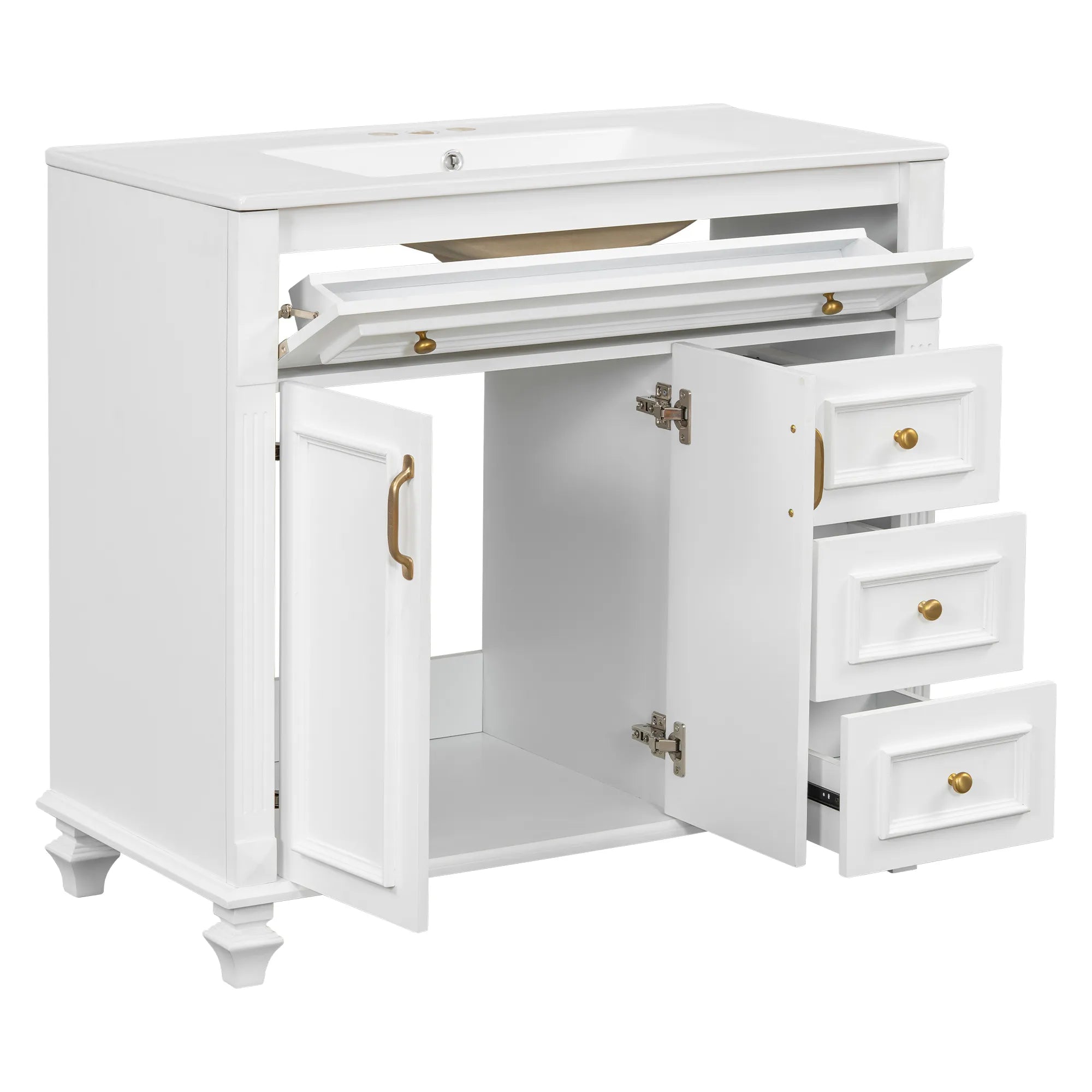 Bellemave® 36" Bathroom Vanity with Sink, Flip - Out Drawer, 3 Drawers, 2 Soft - Close Doors,Elegant Gold Hardware - Bellemave