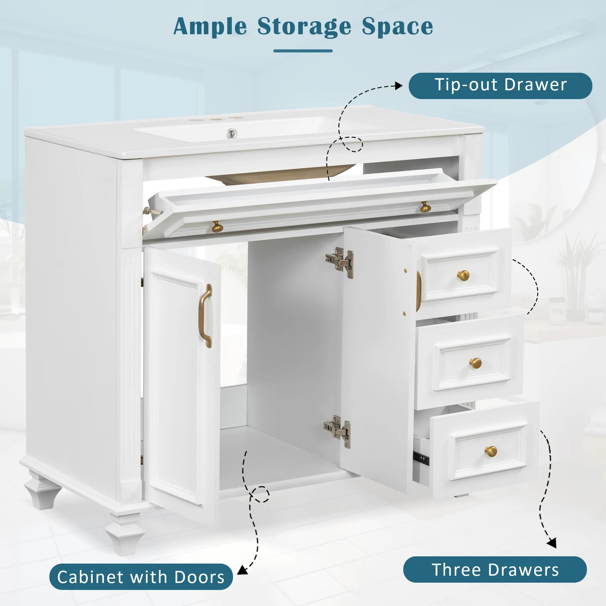 Bellemave® 36" Bathroom Vanity with Sink, Flip - Out Drawer, 3 Drawers, 2 Soft - Close Doors,Elegant Gold Hardware - Bellemave