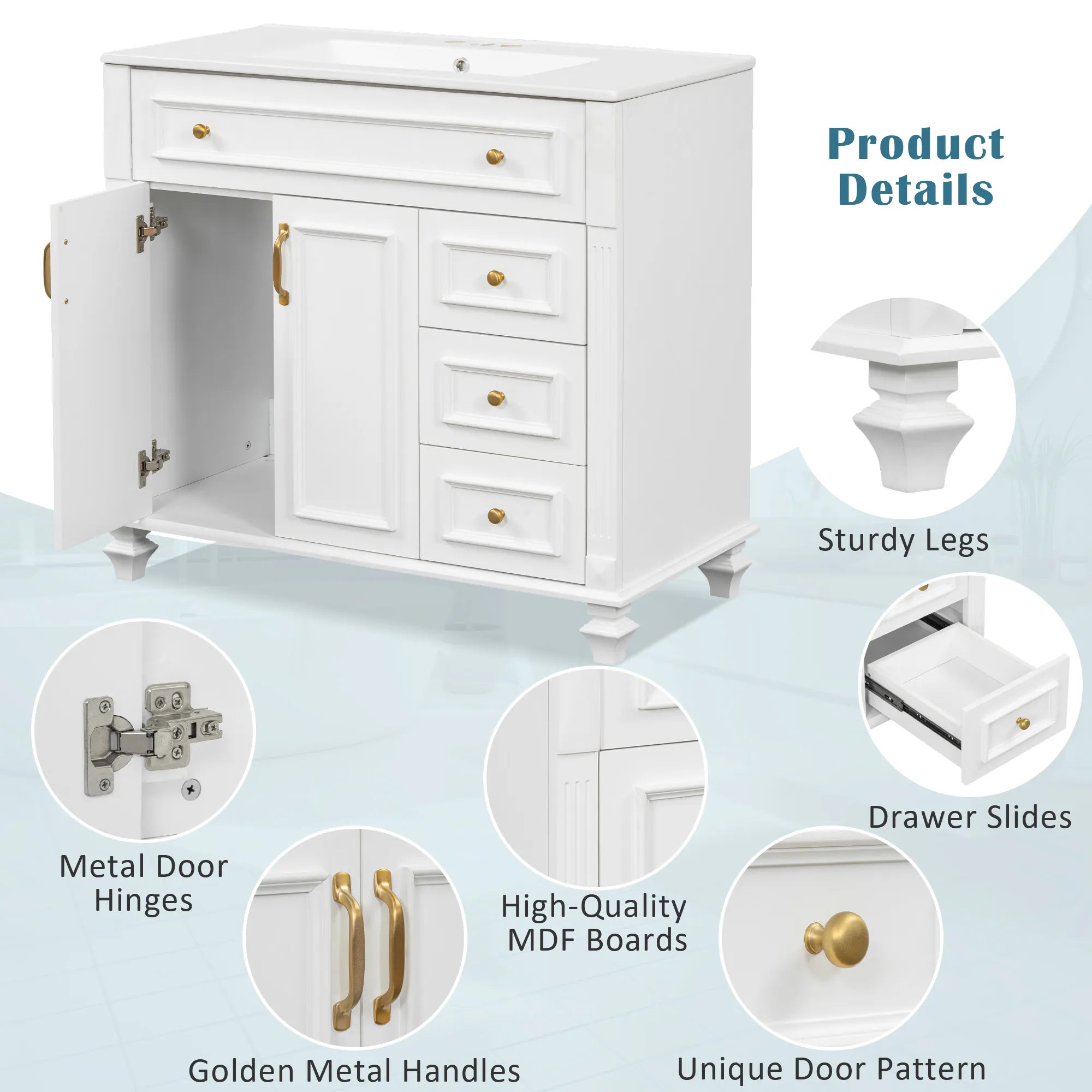 Bellemave® 36" Bathroom Vanity with Sink, Flip - Out Drawer, 3 Drawers, 2 Soft - Close Doors,Elegant Gold Hardware - Bellemave