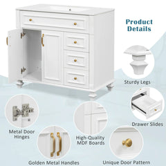 Bellemave® 36" Bathroom Vanity with Sink, Flip - Out Drawer, 3 Drawers, 2 Soft - Close Doors,Elegant Gold Hardware - Bellemave