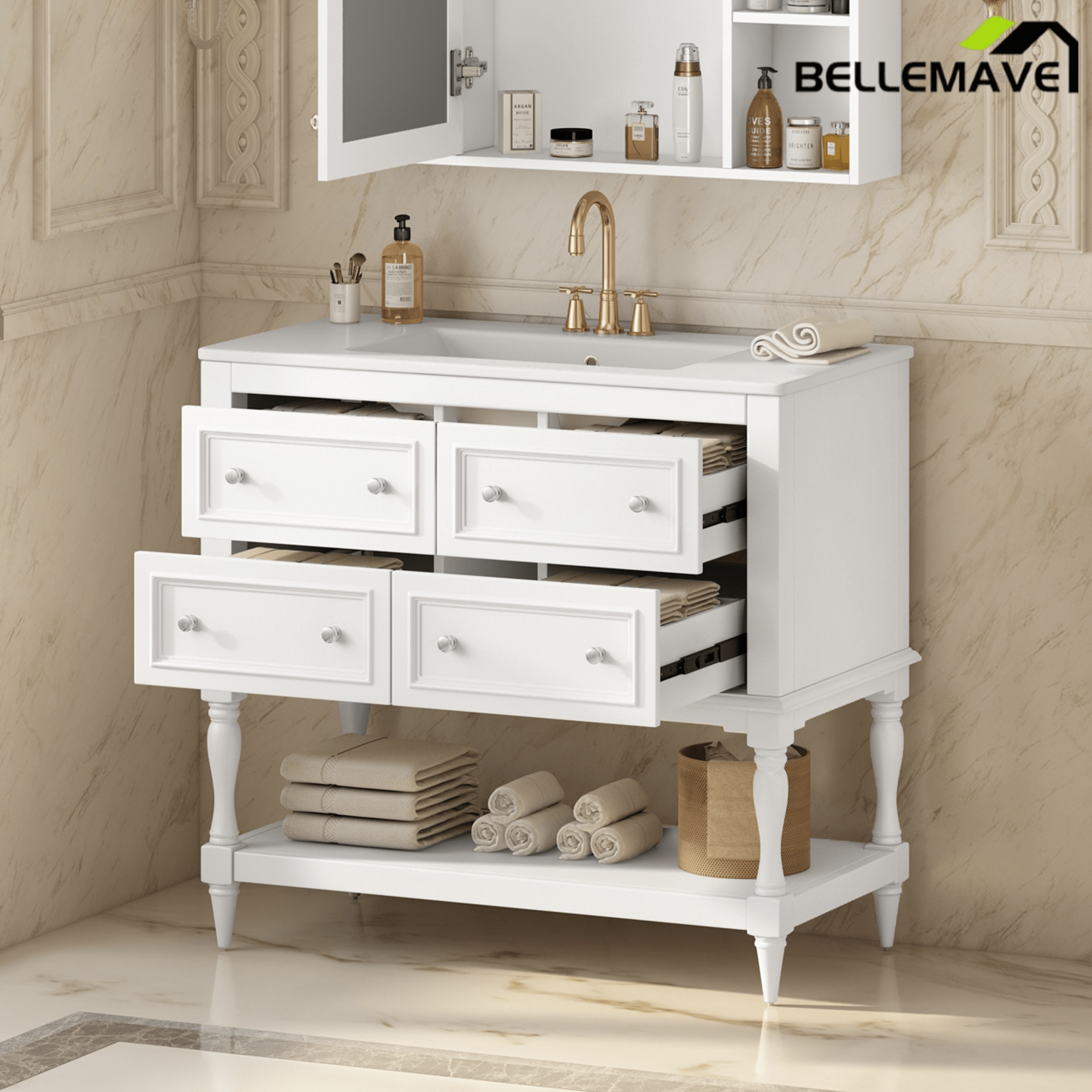 Bellemave® 36 Inch Bathroom Vanity with Sink, Beige, 4 Drawers & Open Shelf, Ceramic Undermount Basin, Solid Wood Frame - Bellemave
