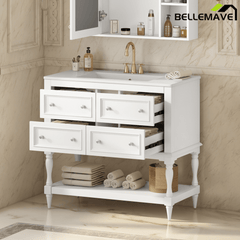 Bellemave® 36 Inch Bathroom Vanity with Sink, Beige, 4 Drawers & Open Shelf, Ceramic Undermount Basin, Solid Wood Frame - Bellemave
