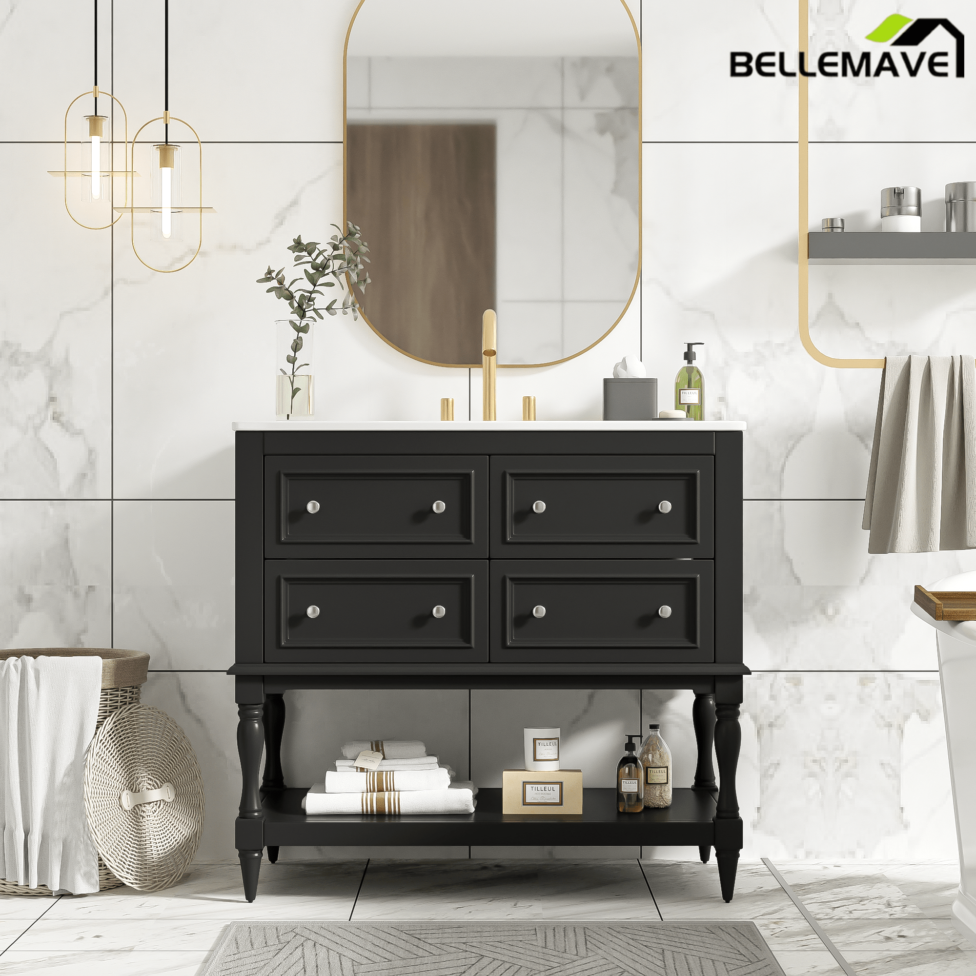 Bellemave® 36 Inch Bathroom Vanity with Sink, Beige, 4 Drawers & Open Shelf, Ceramic Undermount Basin, Solid Wood Frame - Bellemave