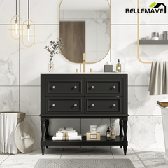 Bellemave® 36 Inch Bathroom Vanity with Sink, Beige, 4 Drawers & Open Shelf, Ceramic Undermount Basin, Solid Wood Frame - Bellemave