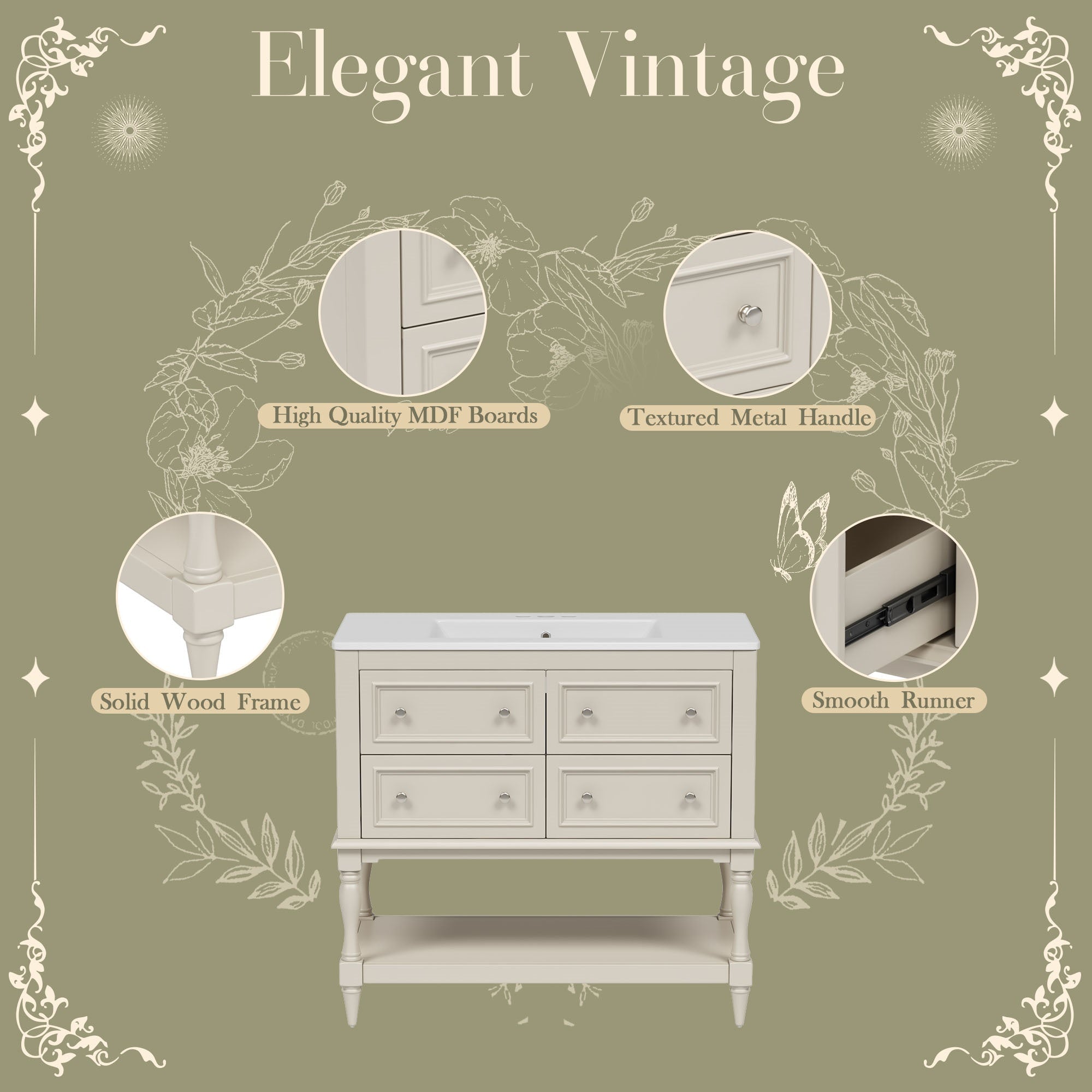 Bellemave® 36 Inch Bathroom Vanity with Sink, Beige, 4 Drawers & Open Shelf, Ceramic Undermount Basin, Solid Wood Frame - Bellemave