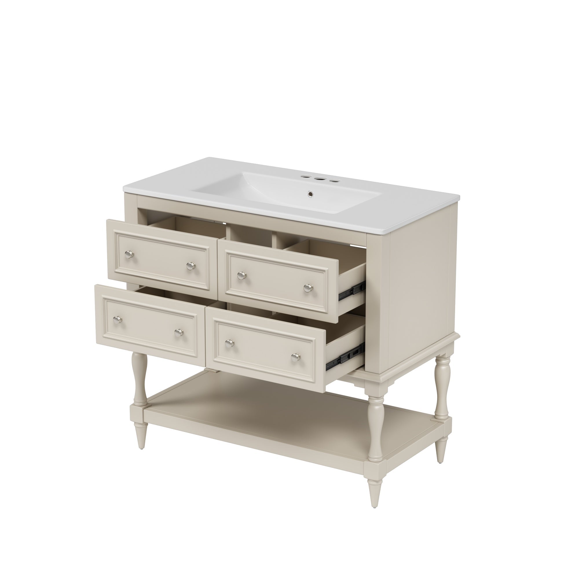 Bellemave® 36 Inch Bathroom Vanity with Sink, Beige, 4 Drawers & Open Shelf, Ceramic Undermount Basin, Solid Wood Frame - Bellemave
