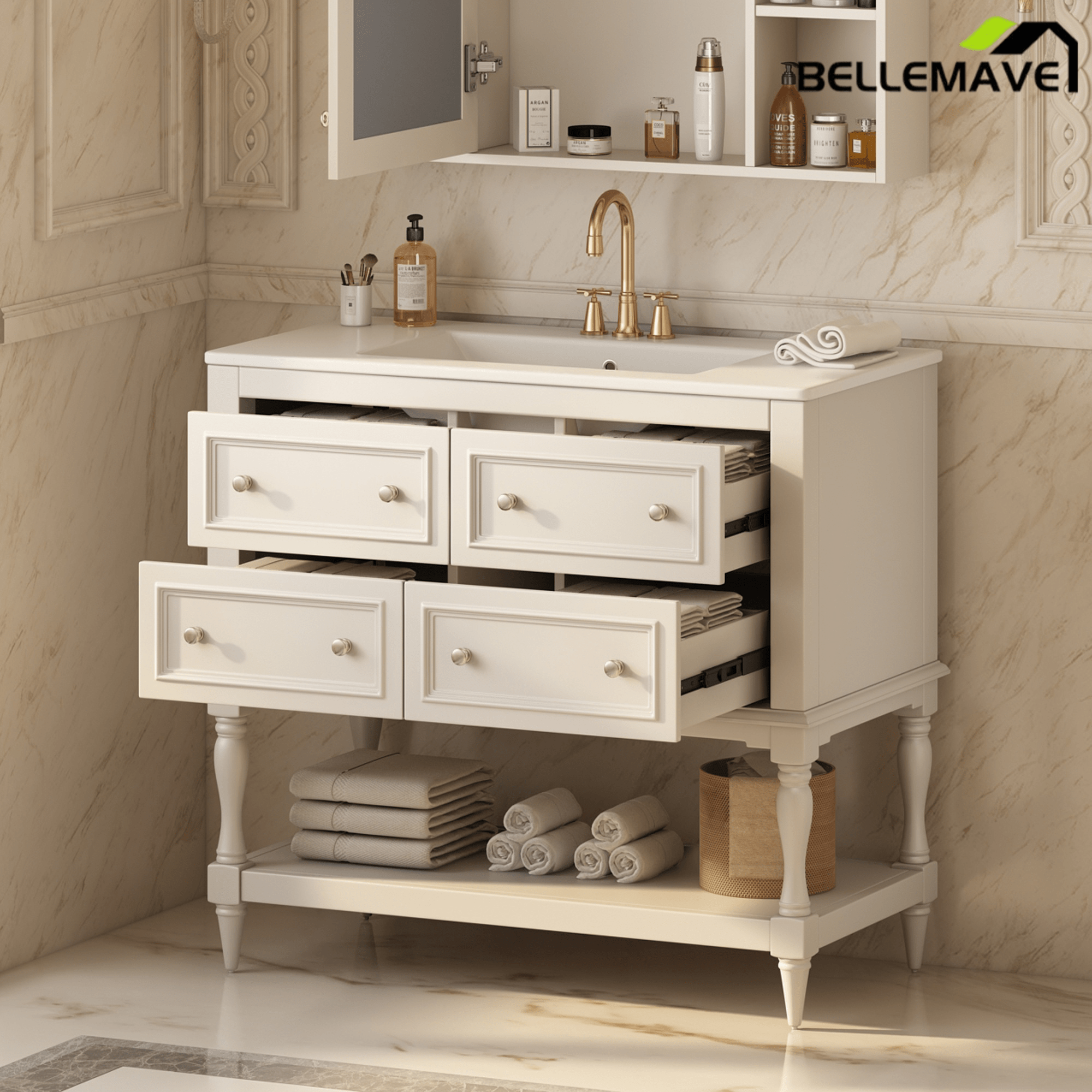 Bellemave® 36 Inch Bathroom Vanity with Sink, Beige, 4 Drawers & Open Shelf, Ceramic Undermount Basin, Solid Wood Frame - Bellemave