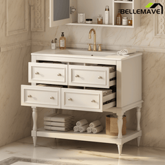 Bellemave® 36 Inch Bathroom Vanity with Sink, Beige, 4 Drawers & Open Shelf, Ceramic Undermount Basin, Solid Wood Frame - Bellemave