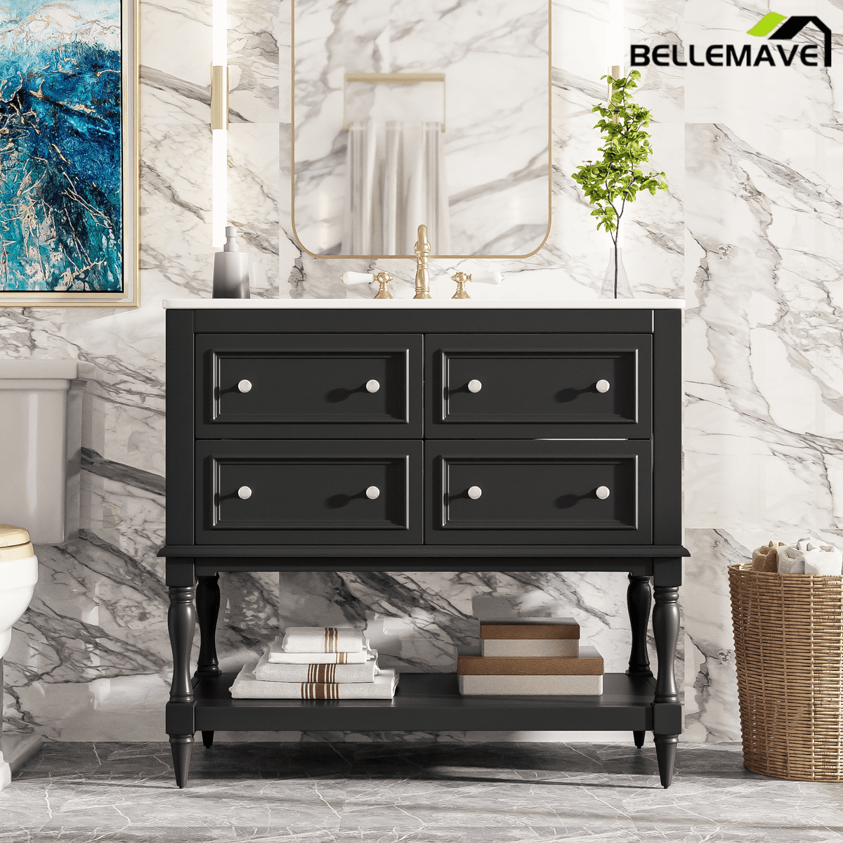 Bellemave® 36 Inch Bathroom Vanity with Sink, Beige, 4 Drawers & Open Shelf, Ceramic Undermount Basin, Solid Wood Frame - Bellemave