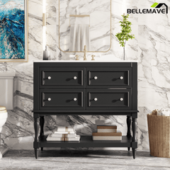 Bellemave® 36 Inch Bathroom Vanity with Sink, Beige, 4 Drawers & Open Shelf, Ceramic Undermount Basin, Solid Wood Frame - Bellemave