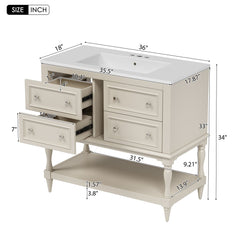 Bellemave® 36 Inch Bathroom Vanity with Sink, Beige, 4 Drawers & Open Shelf, Ceramic Undermount Basin, Solid Wood Frame - Bellemave