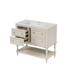 Bellemave® 36 Inch Bathroom Vanity with Sink, Beige, 4 Drawers & Open Shelf, Ceramic Undermount Basin, Solid Wood Frame - Bellemave