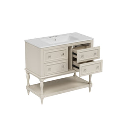 Bellemave® 36 Inch Bathroom Vanity with Sink, Beige, 4 Drawers & Open Shelf, Ceramic Undermount Basin, Solid Wood Frame - Bellemave