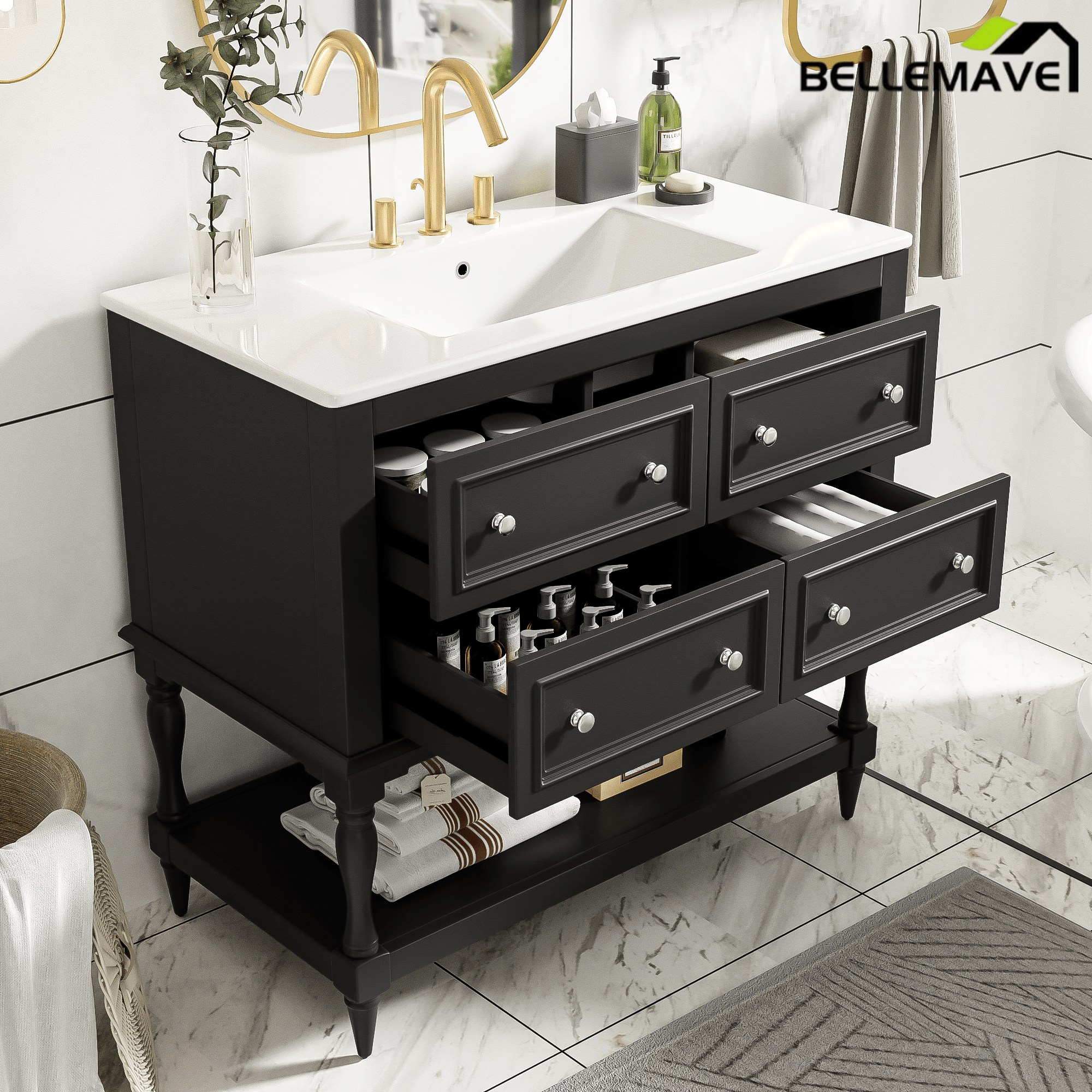 Bellemave® 36 Inch Bathroom Vanity with Sink, Beige, 4 Drawers & Open Shelf, Ceramic Undermount Basin, Solid Wood Frame - Bellemave