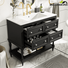 Bellemave® 36 Inch Bathroom Vanity with Sink, Beige, 4 Drawers & Open Shelf, Ceramic Undermount Basin, Solid Wood Frame - Bellemave