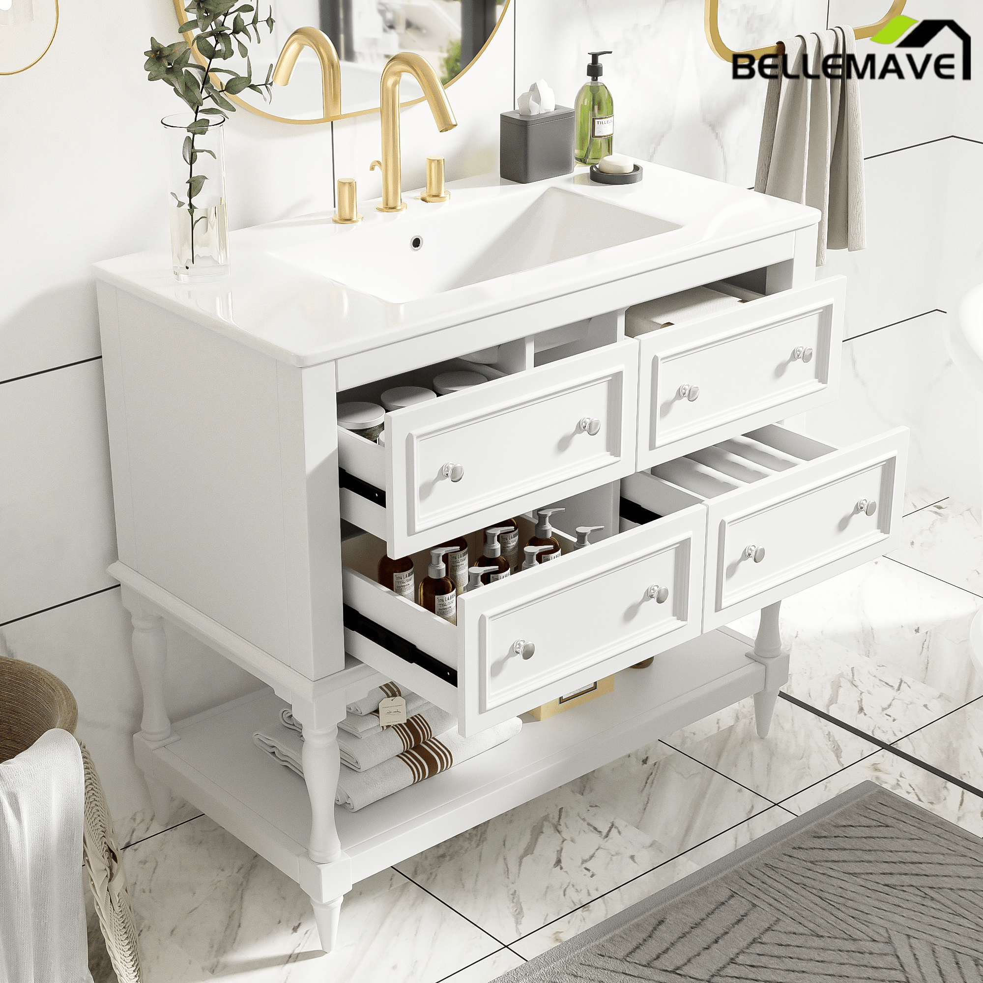 Bellemave® 36 Inch Bathroom Vanity with Sink, Beige, 4 Drawers & Open Shelf, Ceramic Undermount Basin, Solid Wood Frame - Bellemave