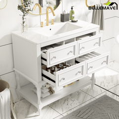 Bellemave® 36 Inch Bathroom Vanity with Sink, Beige, 4 Drawers & Open Shelf, Ceramic Undermount Basin, Solid Wood Frame - Bellemave