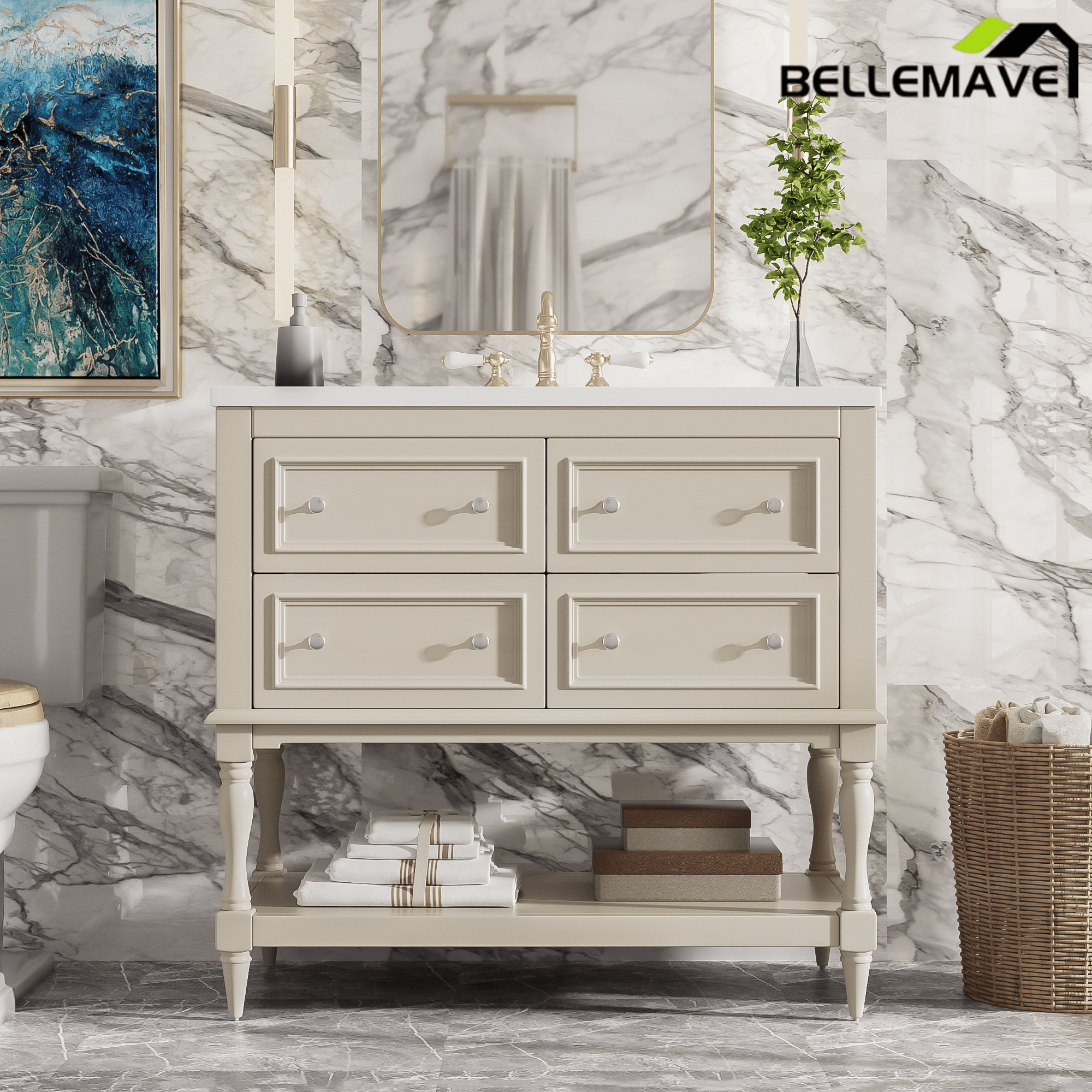 Bellemave® 36 Inch Bathroom Vanity with Sink, Beige, 4 Drawers & Open Shelf, Ceramic Undermount Basin, Solid Wood Frame - Bellemave