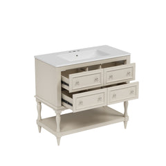 Bellemave® 36 Inch Bathroom Vanity with Sink, Beige, 4 Drawers & Open Shelf, Ceramic Undermount Basin, Solid Wood Frame - Bellemave