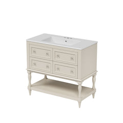 Bellemave® 36 Inch Bathroom Vanity with Sink, Beige, 4 Drawers & Open Shelf, Ceramic Undermount Basin, Solid Wood Frame - Bellemave