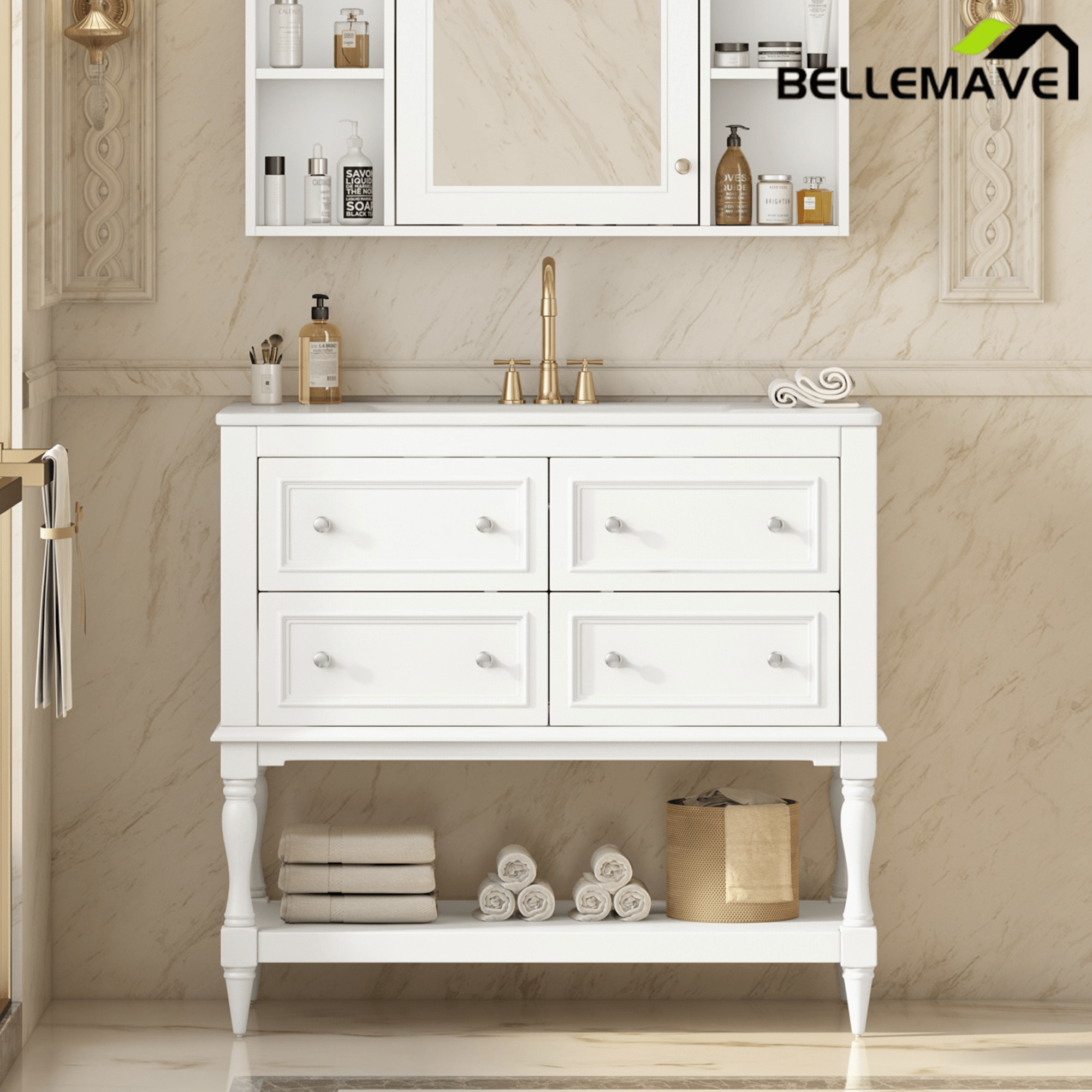 Bellemave® 36 Inch Bathroom Vanity with Sink, Beige, 4 Drawers & Open Shelf, Ceramic Undermount Basin, Solid Wood Frame - Bellemave
