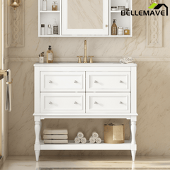 Bellemave® 36 Inch Bathroom Vanity with Sink, Beige, 4 Drawers & Open Shelf, Ceramic Undermount Basin, Solid Wood Frame - Bellemave