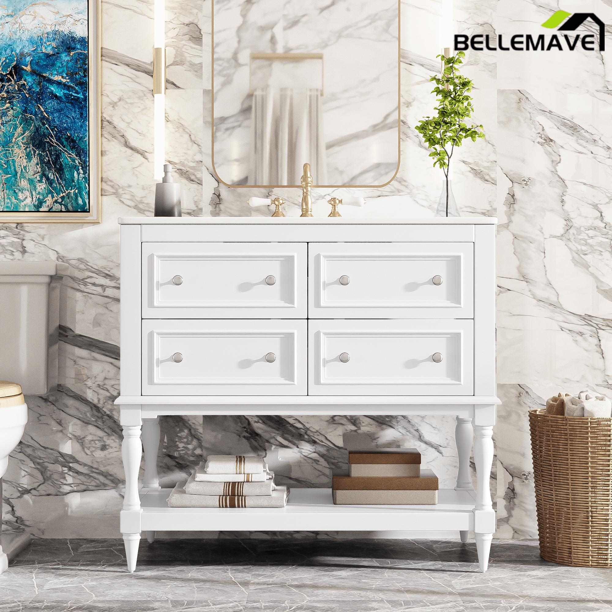 Bellemave® 36 Inch Bathroom Vanity with Sink, Beige, 4 Drawers & Open Shelf, Ceramic Undermount Basin, Solid Wood Frame - Bellemave