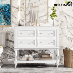 Bellemave® 36 Inch Bathroom Vanity with Sink, Beige, 4 Drawers & Open Shelf, Ceramic Undermount Basin, Solid Wood Frame - Bellemave