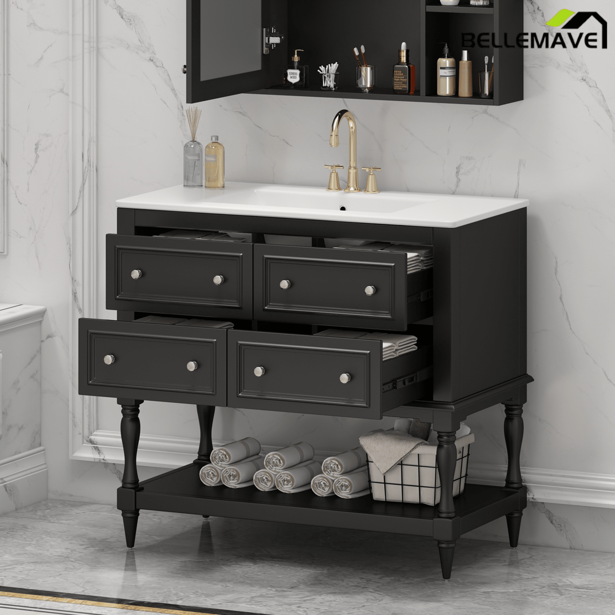 Bellemave® 36 Inch Bathroom Vanity with Sink, Beige, 4 Drawers & Open Shelf, Ceramic Undermount Basin, Solid Wood Frame - Bellemave