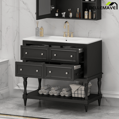 Bellemave® 36 Inch Bathroom Vanity with Sink, Beige, 4 Drawers & Open Shelf, Ceramic Undermount Basin, Solid Wood Frame - Bellemave