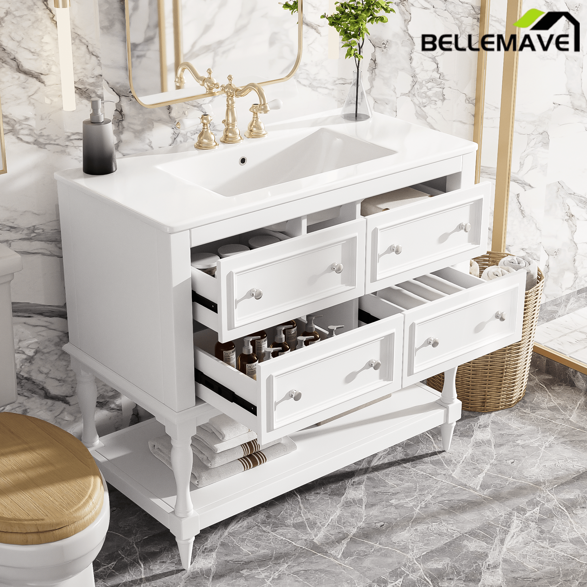 Bellemave® 36 Inch Bathroom Vanity with Sink, Beige, 4 Drawers & Open Shelf, Ceramic Undermount Basin, Solid Wood Frame - Bellemave