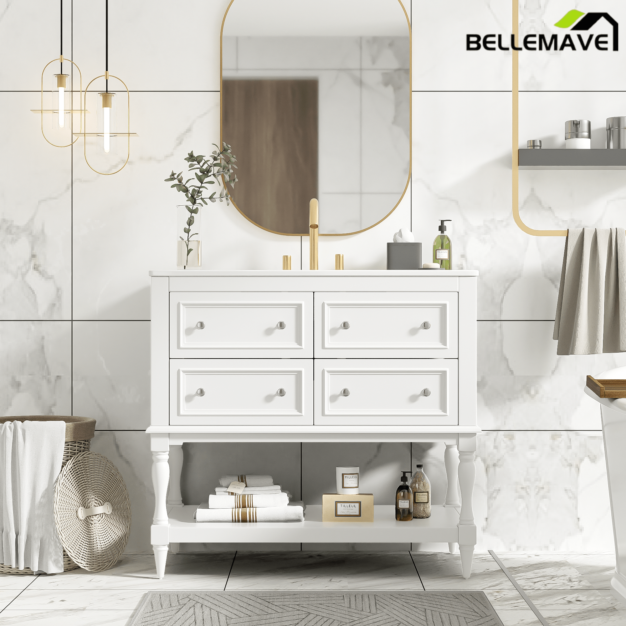 Bellemave® 36 Inch Bathroom Vanity with Sink, Beige, 4 Drawers & Open Shelf, Ceramic Undermount Basin, Solid Wood Frame - Bellemave