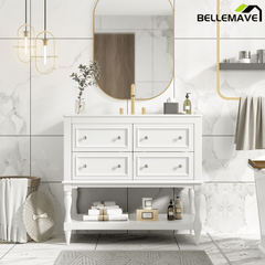 Bellemave® 36 Inch Bathroom Vanity with Sink, Beige, 4 Drawers & Open Shelf, Ceramic Undermount Basin, Solid Wood Frame - Bellemave