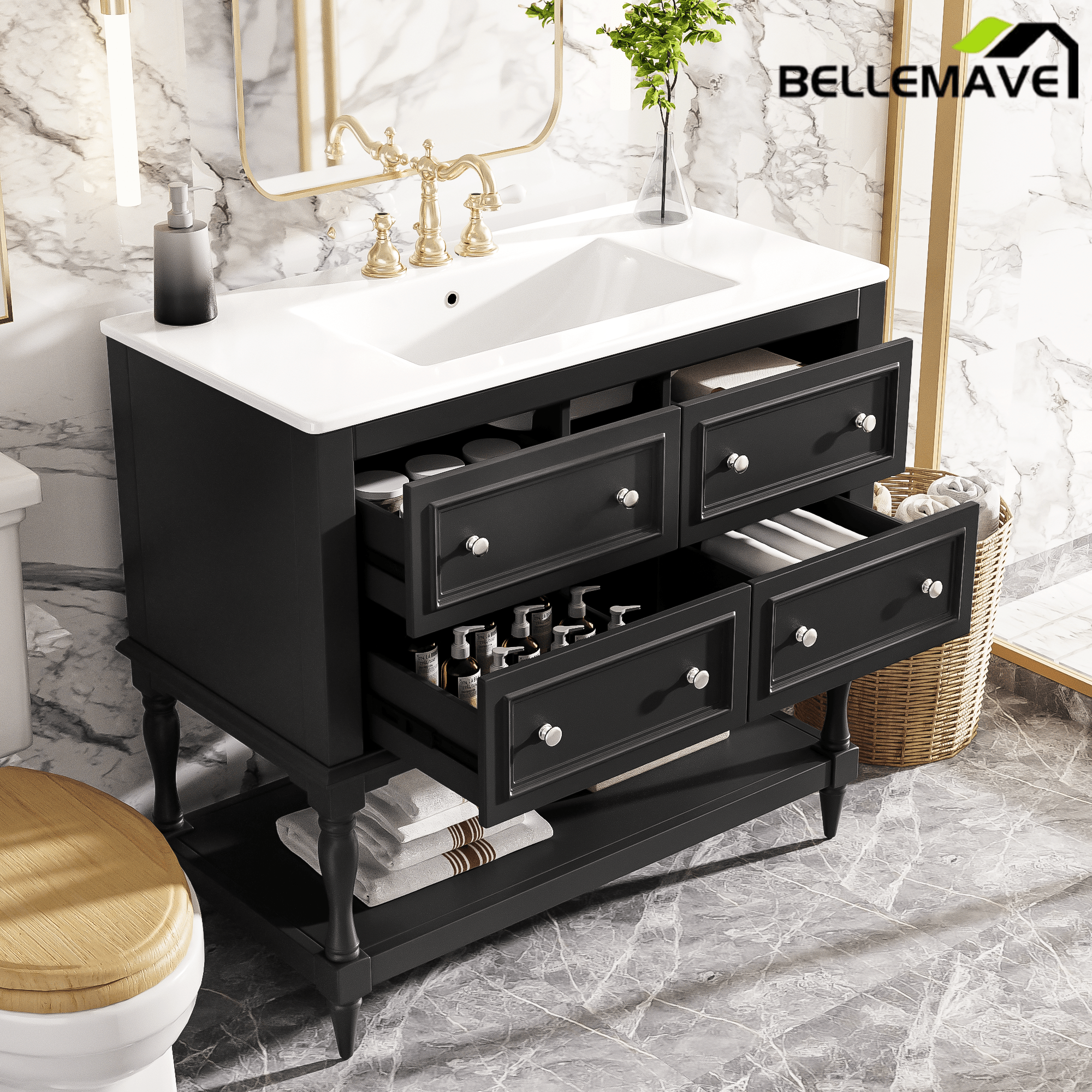 Bellemave® 36 Inch Bathroom Vanity with Sink, Beige, 4 Drawers & Open Shelf, Ceramic Undermount Basin, Solid Wood Frame - Bellemave