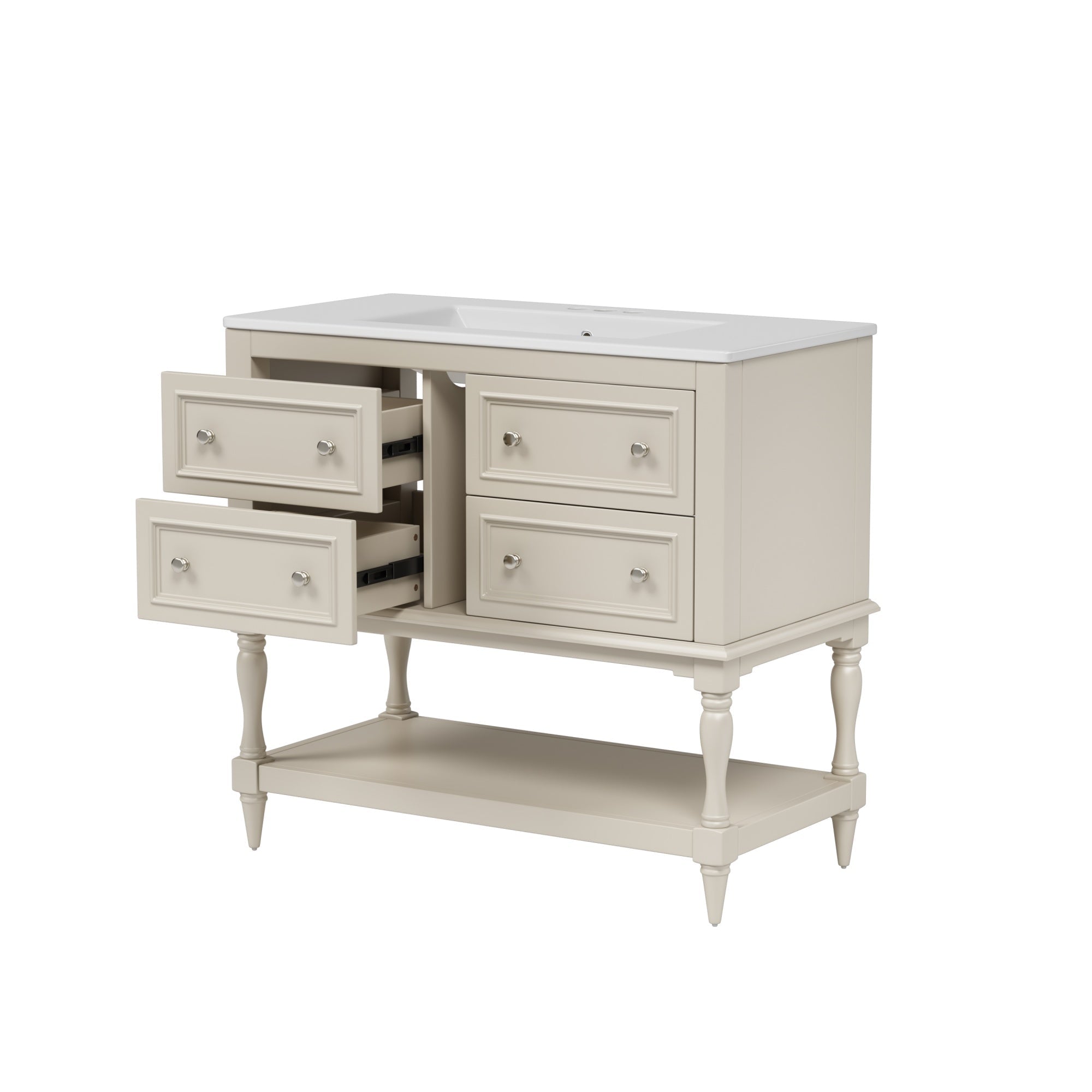 Bellemave® 36 Inch Bathroom Vanity with Sink, Beige, 4 Drawers & Open Shelf, Ceramic Undermount Basin, Solid Wood Frame - Bellemave