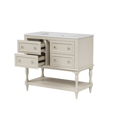 Bellemave® 36 Inch Bathroom Vanity with Sink, Beige, 4 Drawers & Open Shelf, Ceramic Undermount Basin, Solid Wood Frame - Bellemave