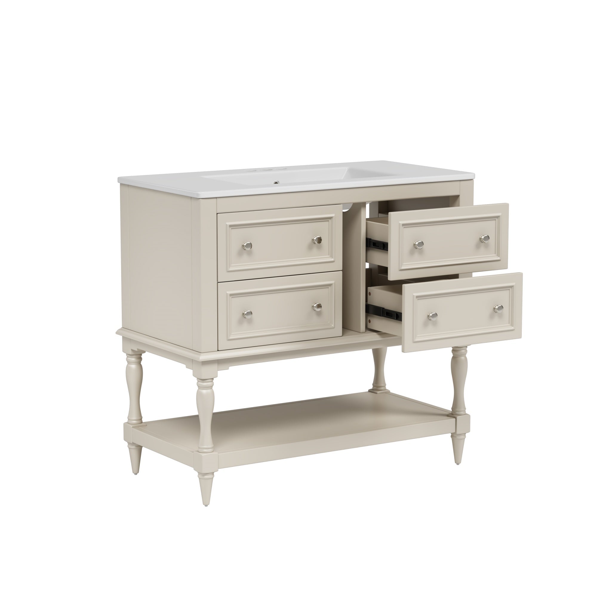Bellemave® 36 Inch Bathroom Vanity with Sink, Beige, 4 Drawers & Open Shelf, Ceramic Undermount Basin, Solid Wood Frame - Bellemave