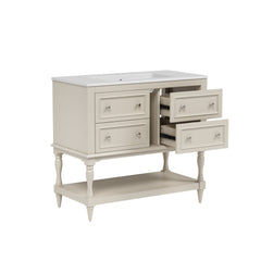 Bellemave® 36 Inch Bathroom Vanity with Sink, Beige, 4 Drawers & Open Shelf, Ceramic Undermount Basin, Solid Wood Frame - Bellemave