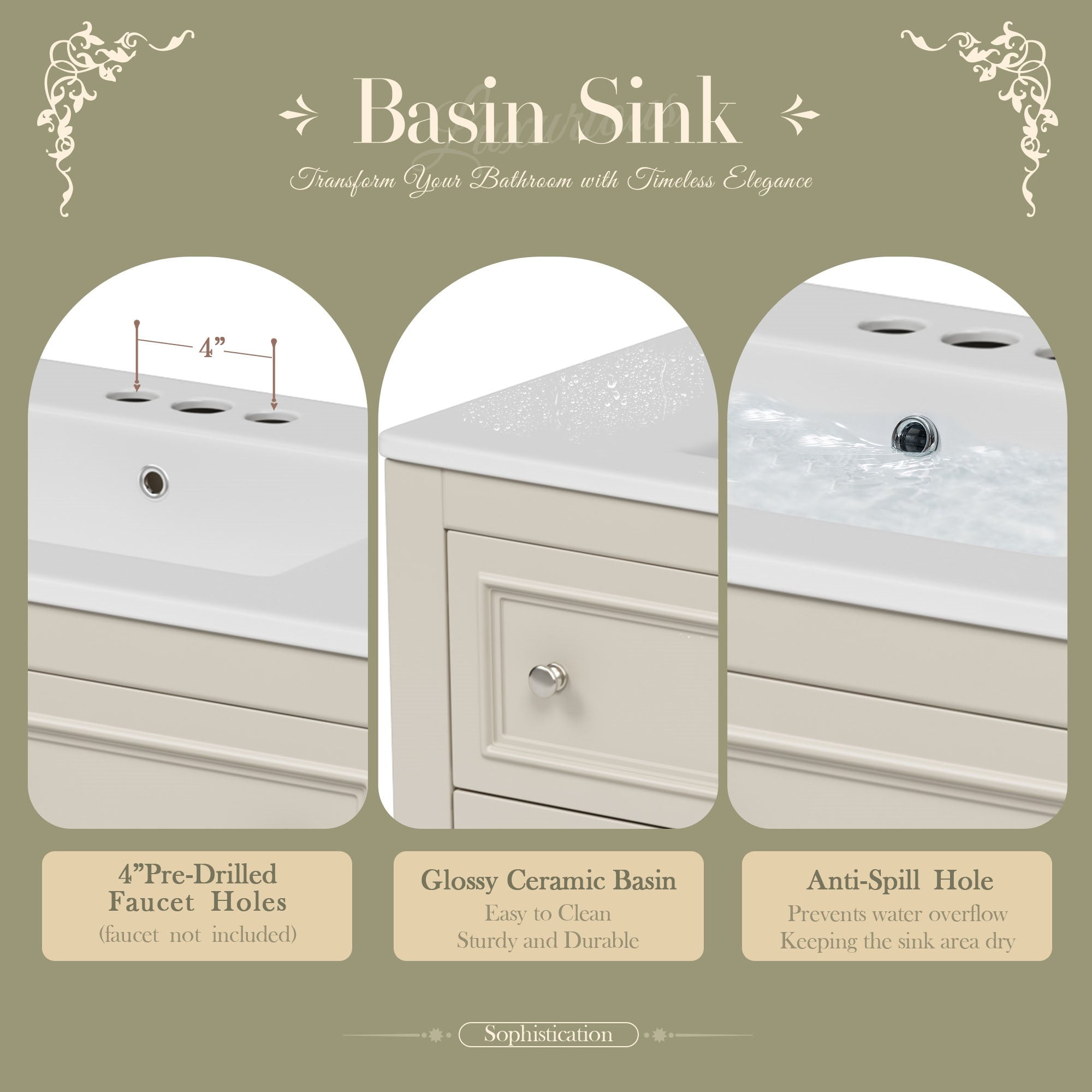 Bellemave® 36 Inch Bathroom Vanity with Sink, Beige, 4 Drawers & Open Shelf, Ceramic Undermount Basin, Solid Wood Frame - Bellemave