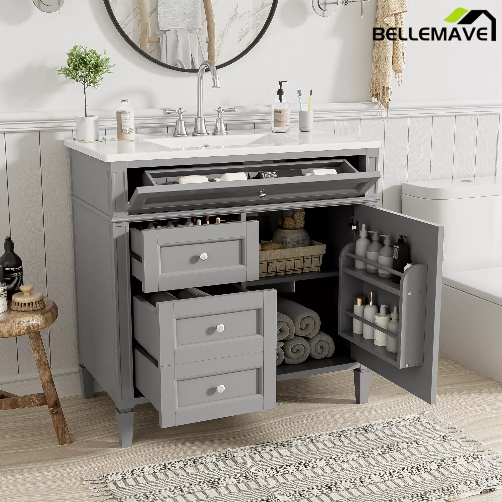 Bellemave® 36 Inch Bathroom Vanity with Sink, Modern Single Sink Bathroom Vanity Cabinet with Storage Drawers and Tip-Out Drawer - Bellemave