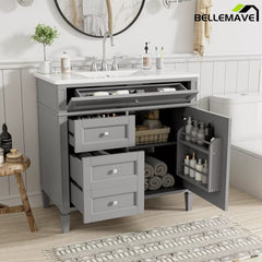 Bellemave® 36 Inch Bathroom Vanity with Sink, Modern Single Sink Bathroom Vanity Cabinet with Storage Drawers and Tip-Out Drawer - Bellemave