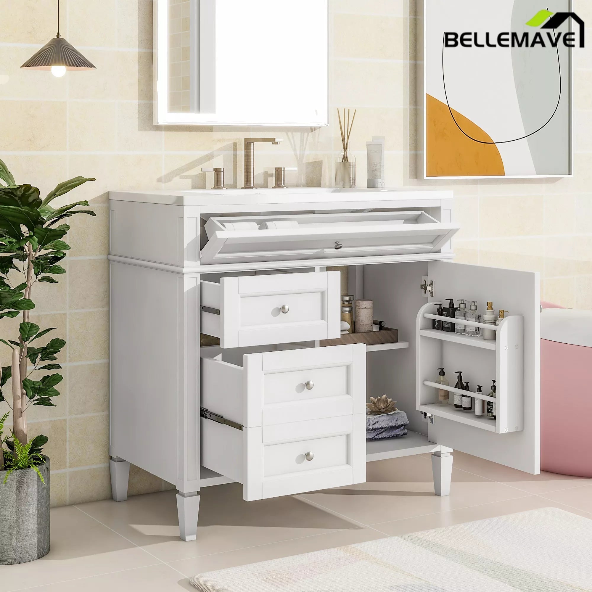Bellemave® 36 Inch Bathroom Vanity with Sink, Modern Single Sink Bathroom Vanity Cabinet with Storage Drawers and Tip-Out Drawer - Bellemave