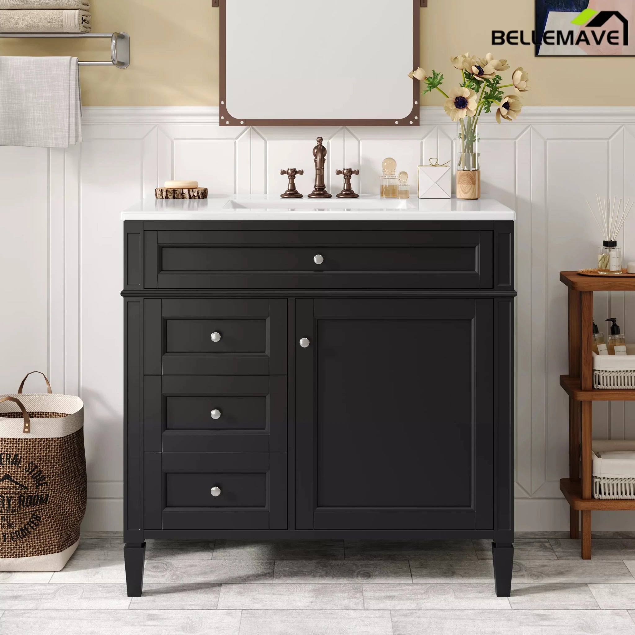 Bellemave® 36 Inch Bathroom Vanity with Sink, Modern Single Sink Bathroom Vanity Cabinet with Storage Drawers and Tip-Out Drawer - Bellemave
