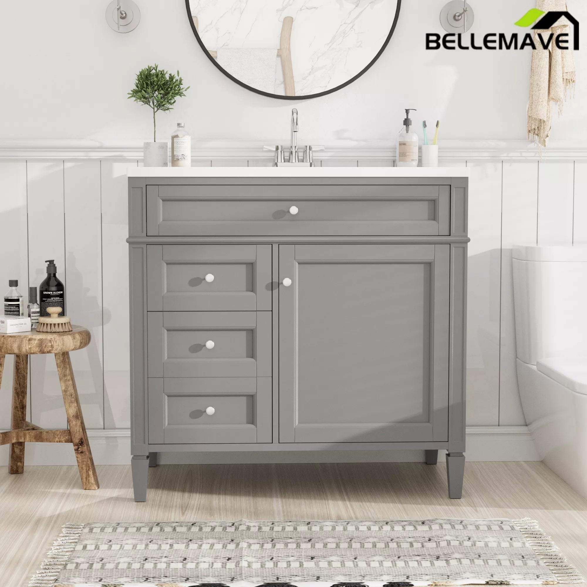 Bellemave® 36 Inch Bathroom Vanity with Sink, Modern Single Sink Bathroom Vanity Cabinet with Storage Drawers and Tip-Out Drawer - Bellemave
