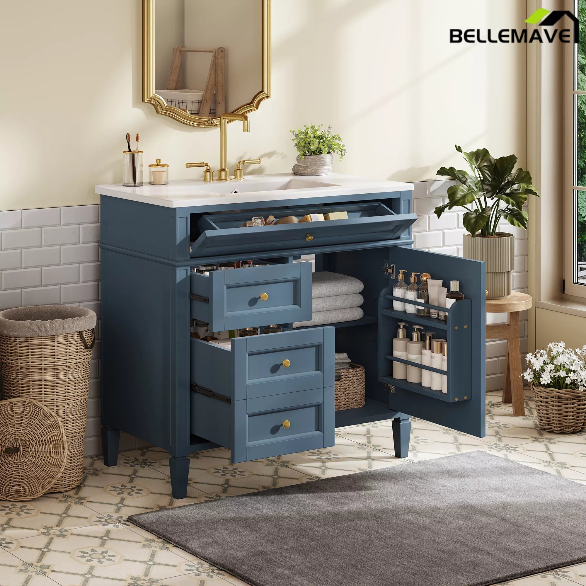 Bellemave® 36 Inch Bathroom Vanity with Sink, Modern Single Sink Bathroom Vanity Cabinet with Storage Drawers and Tip-Out Drawer - Bellemave