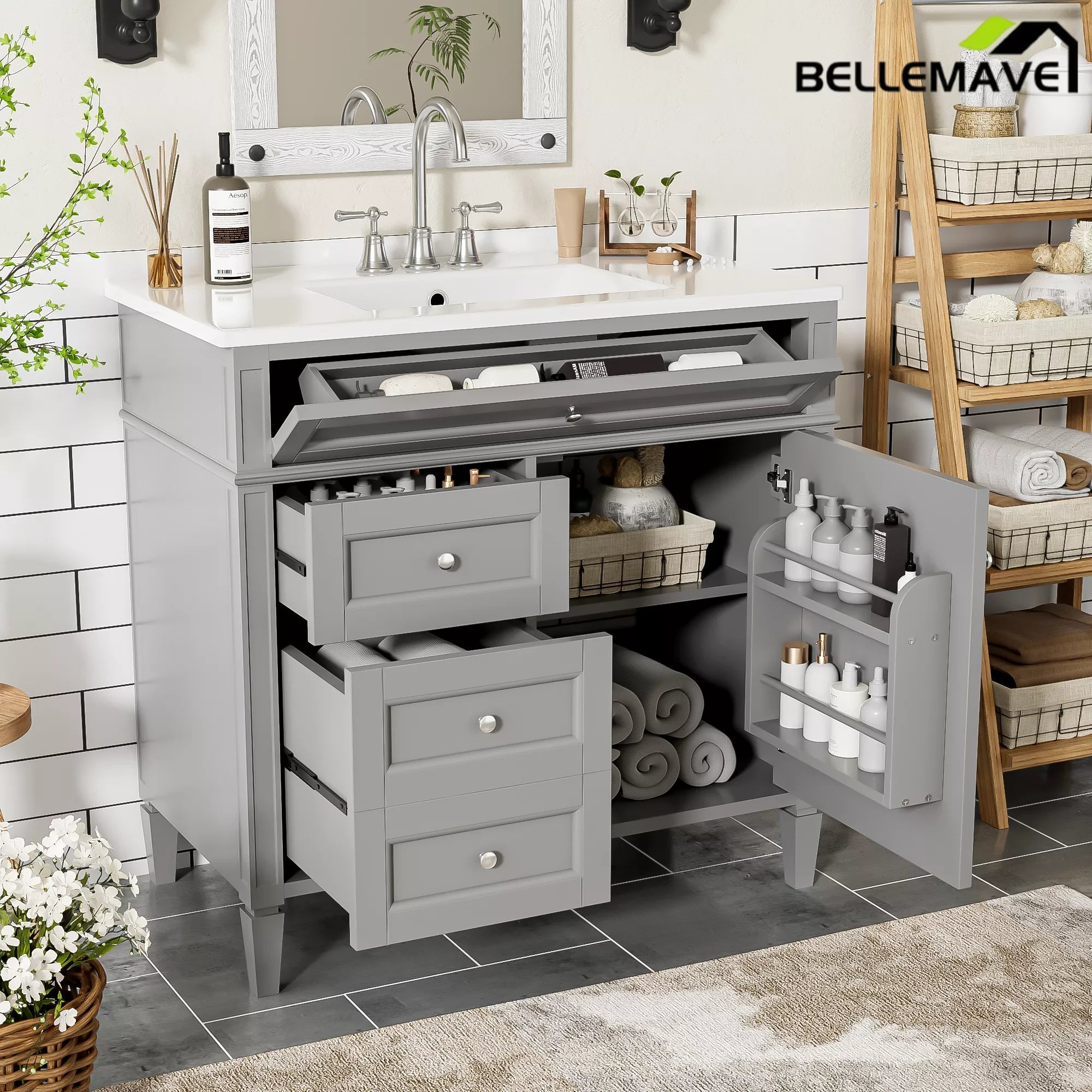 Bellemave® 36 Inch Bathroom Vanity with Sink, Modern Single Sink Bathroom Vanity Cabinet with Storage Drawers and Tip-Out Drawer - Bellemave