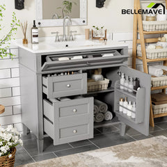 Bellemave® 36 Inch Bathroom Vanity with Sink, Modern Single Sink Bathroom Vanity Cabinet with Storage Drawers and Tip-Out Drawer - Bellemave