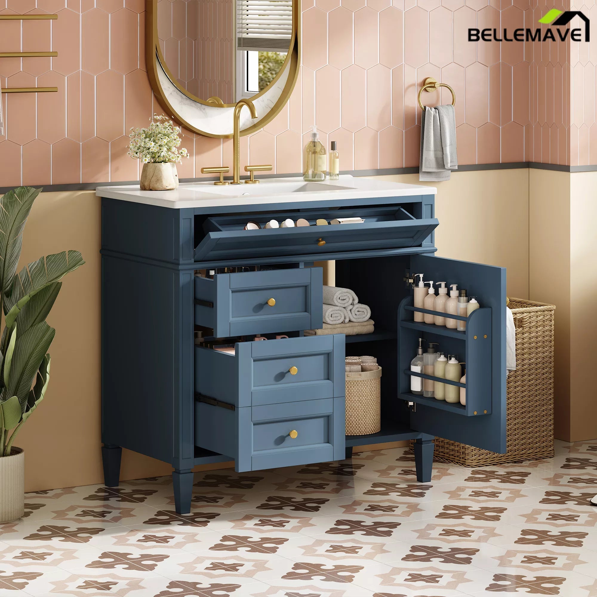 Bellemave® 36 Inch Bathroom Vanity with Sink, Modern Single Sink Bathroom Vanity Cabinet with Storage Drawers and Tip-Out Drawer - Bellemave