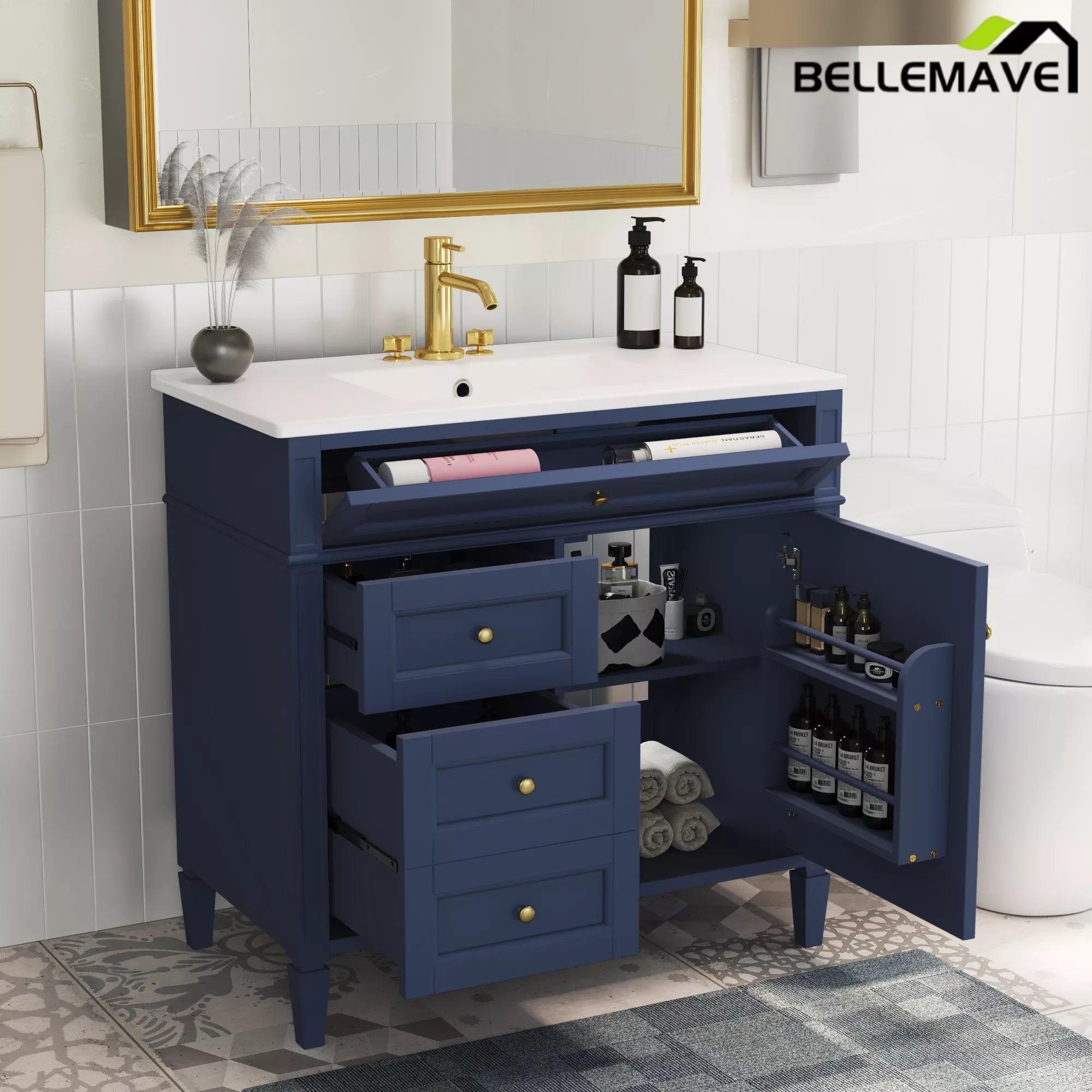 Bellemave® 36 Inch Bathroom Vanity with Sink, Modern Single Sink Bathroom Vanity Cabinet with Storage Drawers and Tip-Out Drawer - Bellemave
